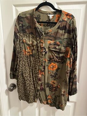 Cato Olive Mixed-Print Button Front Top with Orange Floral Detail